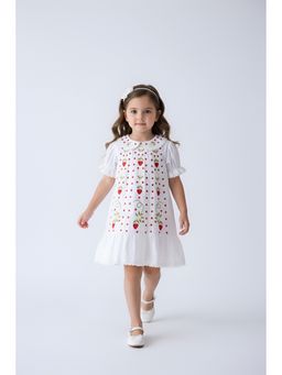 Bella Moda - White Cotton Puff Sleeve Strawberry Embroidered A Line Dress