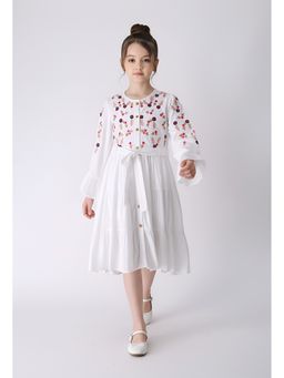 Bella Moda - White Cotton Full Sleeve Floral Embroidered Fit and Flare Dress with Belt