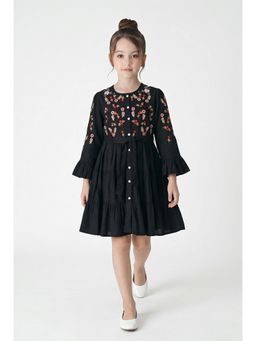Bella Moda - Black Cotton Full Sleeve Floral Embroidered Fit and Flare Dress with Belt