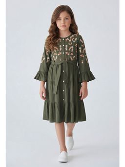 Bella Moda - Green Cotton Full Sleeve Floral Embroidered Fit and Flare Dress with Belt