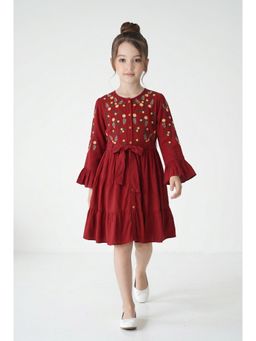 Bella Moda - Red Cotton Full Sleeve Floral Embroidered Fit and Flare Dress with Belt