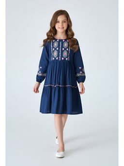 Bella Moda - Navy Blue Cotton Full Sleeve Floral Embroidered Fit and Flare Dress