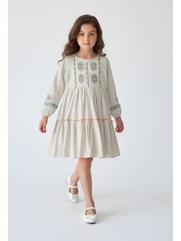 Bella Moda - Off White Cotton Full Sleeve Floral Embroidered Fit and Flare Dress