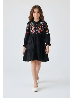 Bella Moda - Black Cotton Full Sleeve Floral Embroidered Fit and Flare Dress