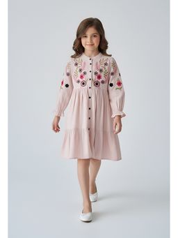 Bella Moda - Pink Cotton Full Sleeve Floral Embroidered Fit and Flare Dress