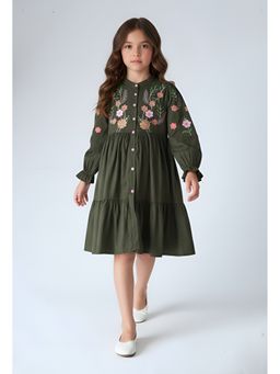 Bella Moda - Green Cotton Full Sleeve Floral Embroidered Fit and Flare Dress