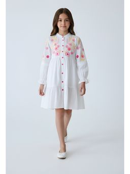 Bella Moda - White Cotton Full Sleeve Floral Embroidered Fit and Flare Dress