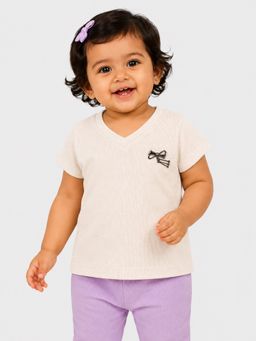 Bloom Up - Off White Ribbed V-Neck Top