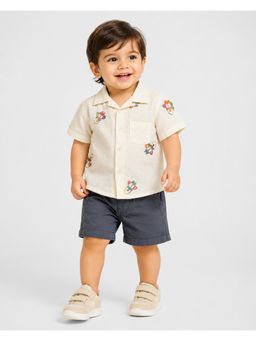 Bloom Up - Navy Blue Embroidered Shirt and Shorts