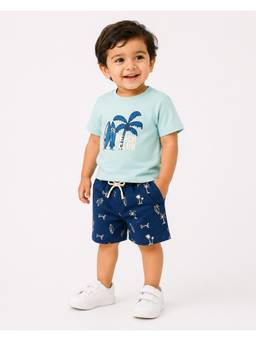 Bloom Up - Mint Blue Beach Club T-Shirt and Printed Shorts
