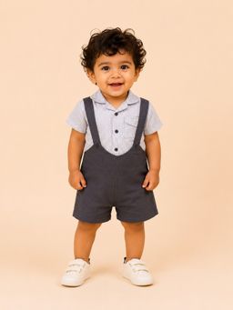 Bloom Up - Grey Suspender Striped Shirt with Dungaree