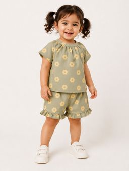 Bloom Up - Sage Green Floral Print Top and Frill Shorts