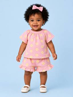 Bloom Up - Pink Floral Print Top and Frill Shorts