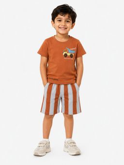 Bloom Up - Rust Graphic T-Shirt and Striped Shorts