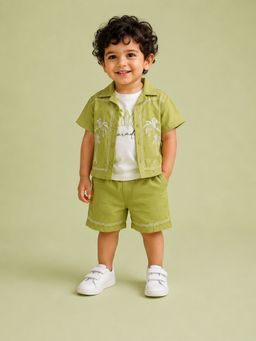 Bloom Up - Onion Green Embroidered Shirt with T-Shirt and Shorts