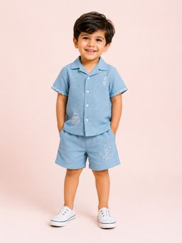 Bloom Up - Blue Embroidered Shirt and Shorts