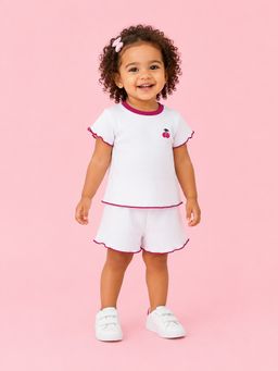 Bloom Up - White Cherry Embroidered Top with Shorts