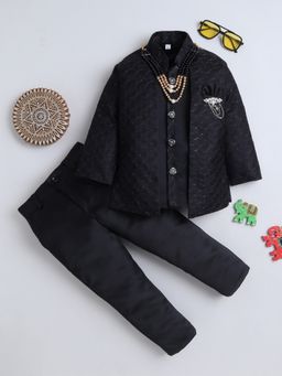 FOURFOLDS - Boys Black Diamond Woven Pattern Sherwani and Trouser