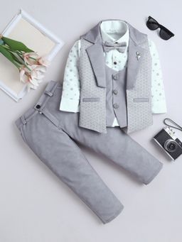 FOURFOLDS - Boys Grey Cotton Blend 3 Piece Suit with Bowtie
