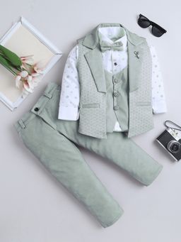 FOURFOLDS - Boys Light Green Cotton Blend 3 Piece Suit with Bowtie