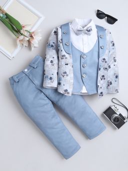 FOURFOLDS - Boys Sky Blue Cotton Blend 3 Piece Suit with Bowtie
