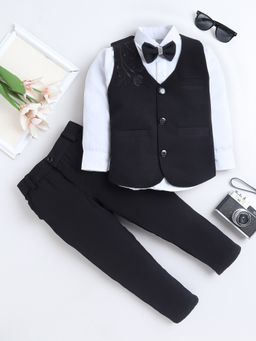 FOURFOLDS - Boys Black Cotton Blend Floral Embroidered 3 Piece Suit with Bowtie