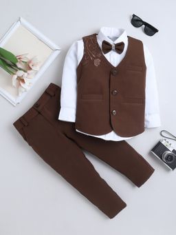 FOURFOLDS - Boys Brown Cotton Blend Floral Embroidered 3 Piece Suit with Bowtie