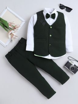 FOURFOLDS - Boys Green Cotton Blend Floral Embroidered 3 Piece Suit with Bowtie