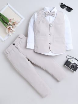 FOURFOLDS - Boys Beige Cotton Blend Floral Embroidered 3 Piece Suit with Bowtie