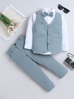 FOURFOLDS - Boys Ice Blue Cotton Blend Floral Embroidered 3 Piece Suit with Bowtie
