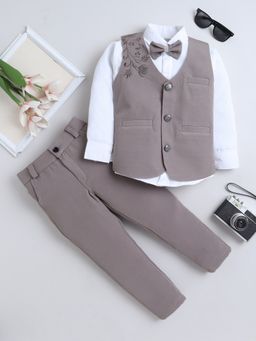 FOURFOLDS - Boys Taupe Cotton Blend Floral Embroidered 3 Piece Suit with Bowtie