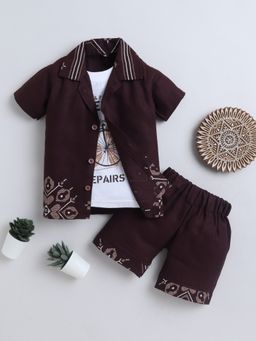 FOURFOLDS - Boys Maroon Cotton Blend Border Print Textured Shirt and Shorts