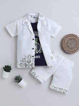 FOURFOLDS - Boys White Cotton Blend Border Print Textured Shirt and Shorts