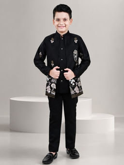 FOURFOLDS - Boys Navy Blue Floral Embroidered Sequined Sherwani and Trouser with Jacket