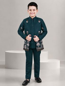 FOURFOLDS - Boys Teal Floral Embroidered Sequined Sherwani and Trouser with Jacket