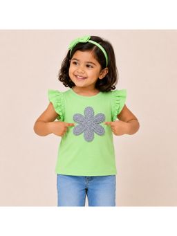 Bloom Up - Green Floral Applique Flutter Sleeve Top