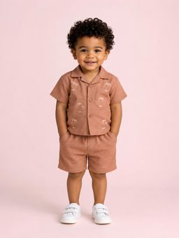 Bloom Up - Baby Boys Brick Brown Embroidered Shirt and Shorts