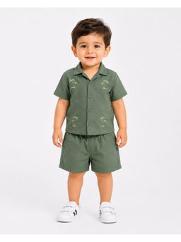 Bloom Up - Baby Boys Olive Embroidered Shirt and Shorts
