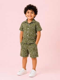 Bloom Up - Baby Boys Olive Embroidered Shirt and Shorts