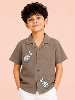 Bloom Up - Boys Brown Embroidered Resort Collar Shirt