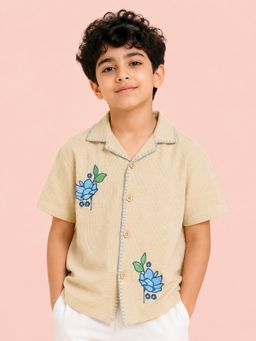 Bloom Up - Boys Beige Embroidered Resort Collar Shirt