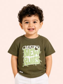 Bloom Up - Baby Boys Olive Green Graphic Printed T-Shirt