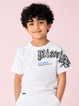 Bloom Up - Boys White Embroidered Printed T-Shirt