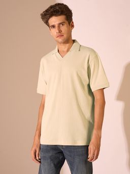 Selected - Beige Ribbed Organic Cotton Polo T-Shirt