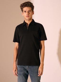 Selected - Black Zip Detail Organic Cotton Polo T-Shirt