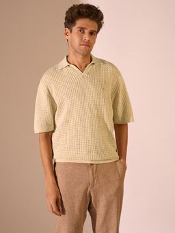 Selected - Beige Crochet Organic Cotton Polo T-Shirt