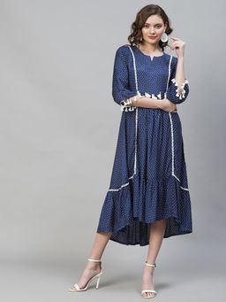 FASHOR - Polka Dots Printed Flared Midi Dress-Dark Blue
