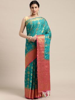 Mimosa - Women's Kanjivaram Crepe Turquoise Saree with Unstitched Blouse