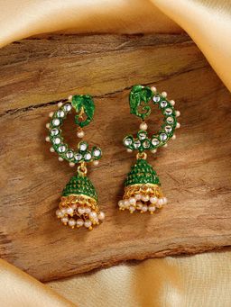 Estele - Gold Tone Classic Traditional Jhumki Earrings with Green Enamel for Women