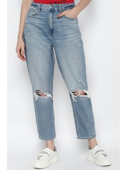 American Eagle - Women Blue Stretch Ripped Curvy Mom Jeans